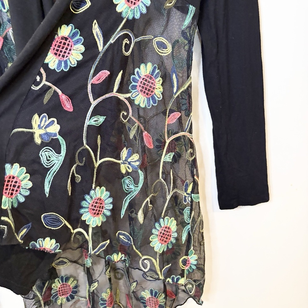 Kim & Cami Black Floral Mesh Open Front Cardigan Duster Boho Jersey Knit Size L - Picture 3 of 6
